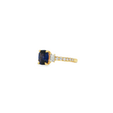 18k Yellow Gold Rectangular Cushion Cut Blue Sapphire and Diamond Ring