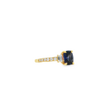 18k Yellow Gold Rectangular Cushion Cut Blue Sapphire and Diamond Ring