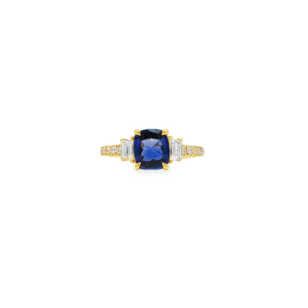 18k Yellow Gold Rectangular Cushion Cut Blue Sapphire and Diamond Ring