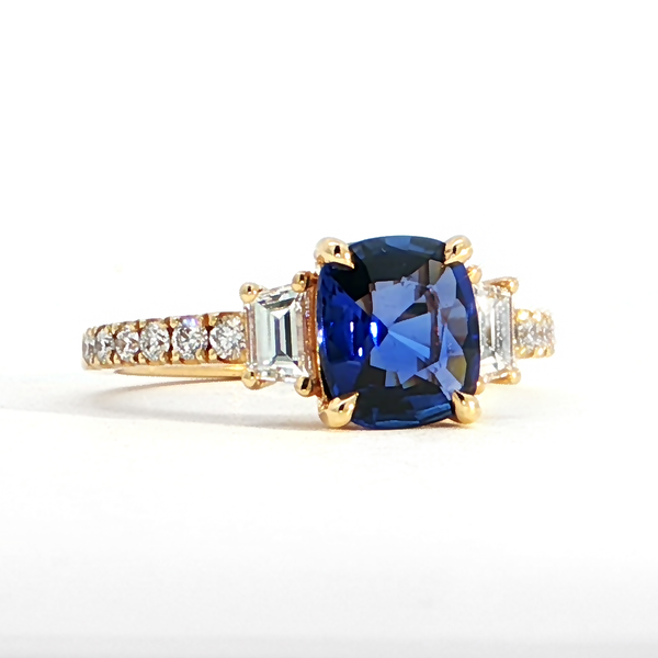 18k Yellow Gold Rectangular Cushion Cut Blue Sapphire and Diamond Ring
