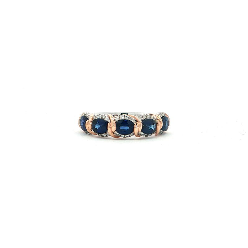 14k White and Rose Gold Oval Blue Sapphire and Diamond Band
