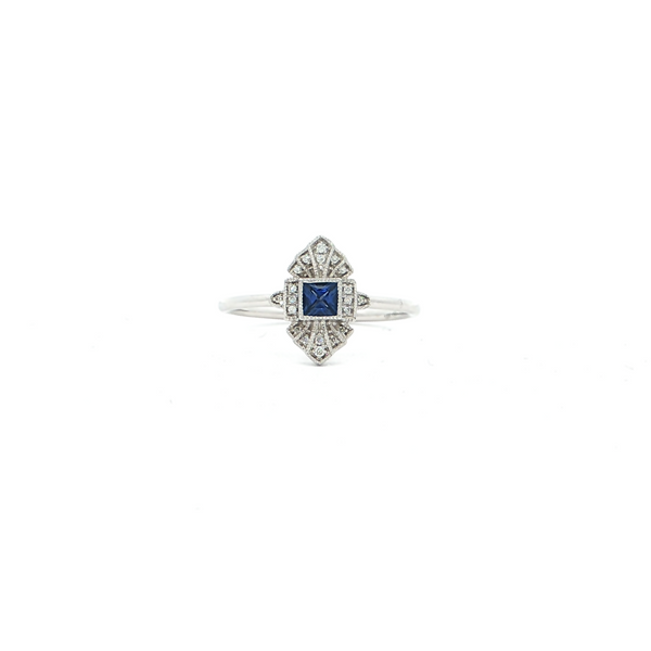 18k White Gold Dainty Sapphire and Diamond Ring