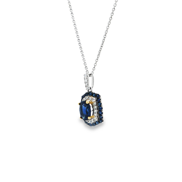 14k White Gold Oval Blue Sapphire Double Halo Pendant Necklace