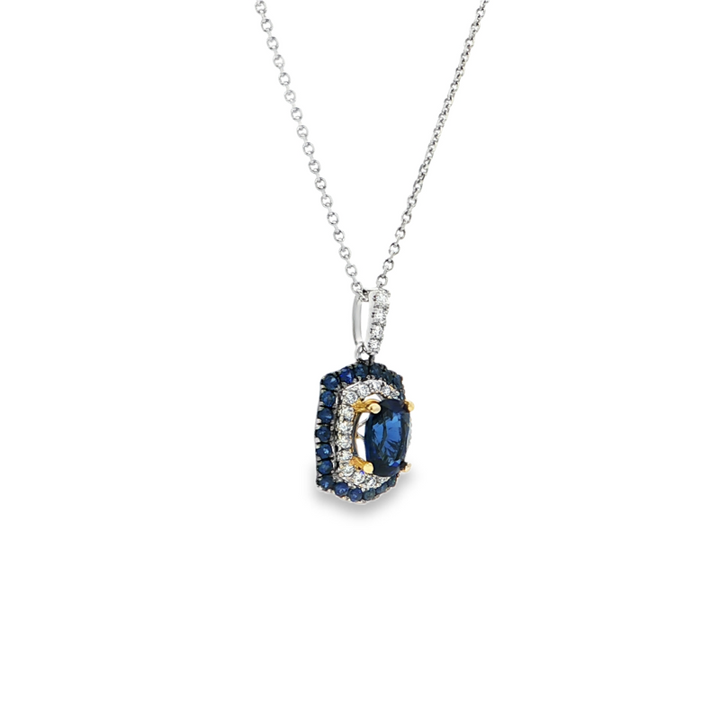 14k White Gold Oval Blue Sapphire Double Halo Pendant Necklace