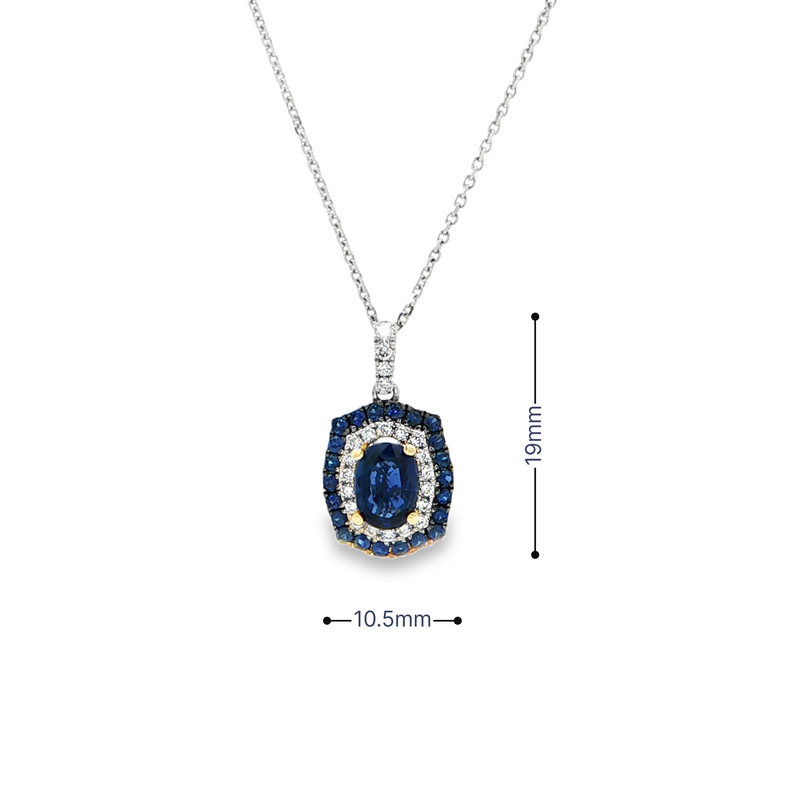 14k White Gold Oval Blue Sapphire Double Halo Pendant Necklace