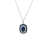14k White Gold Oval Blue Sapphire Double Halo Pendant Necklace