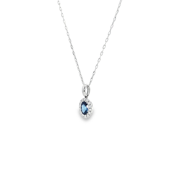 14k White Gold Oval Blue Sapphire and Diamond Halo Necklace