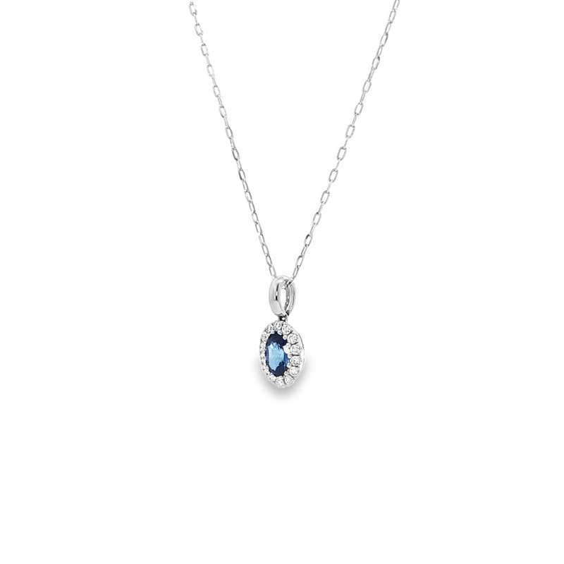 14k White Gold Oval Blue Sapphire and Diamond Halo Necklace