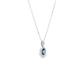 14k White Gold Oval Blue Sapphire and Diamond Halo Necklace