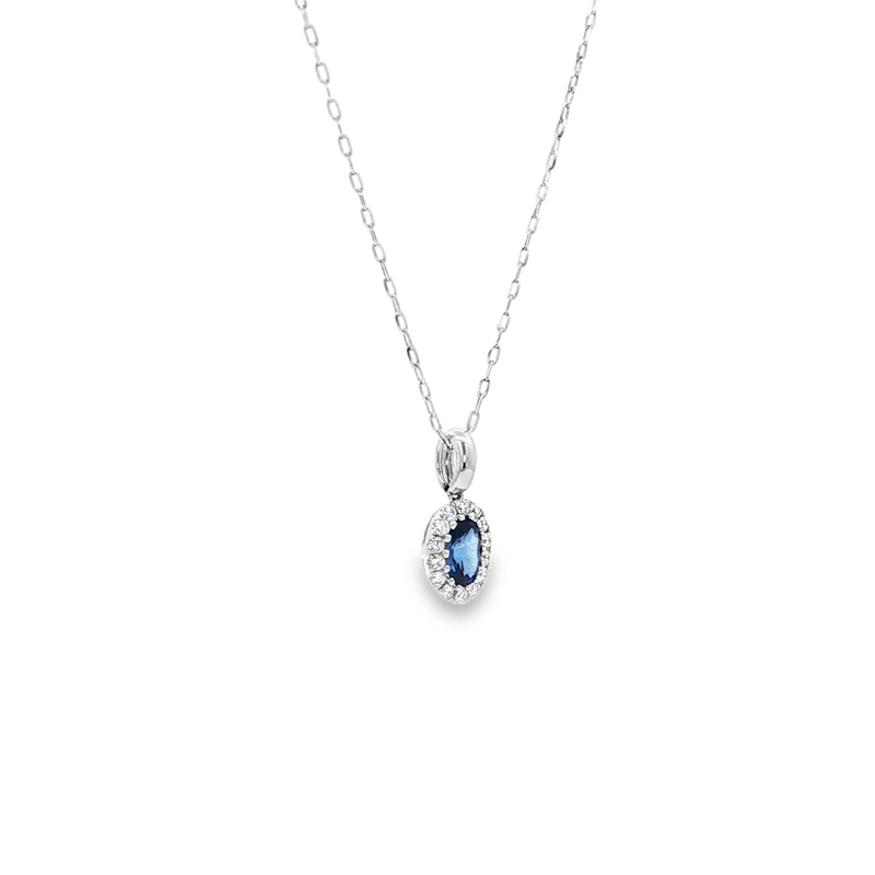 14k White Gold Oval Blue Sapphire and Diamond Halo Necklace