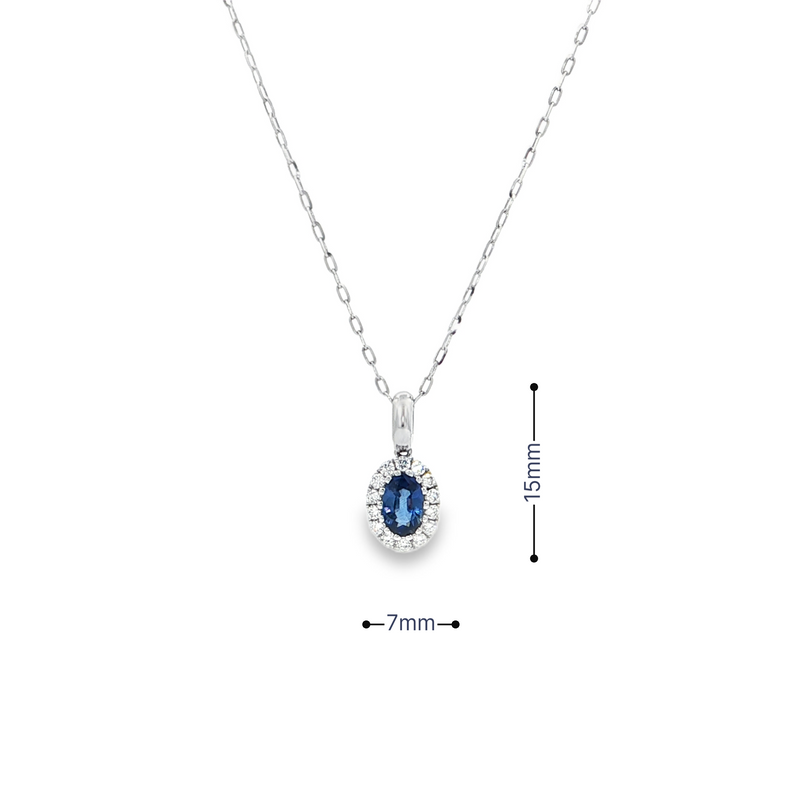 14k White Gold Oval Blue Sapphire and Diamond Halo Necklace