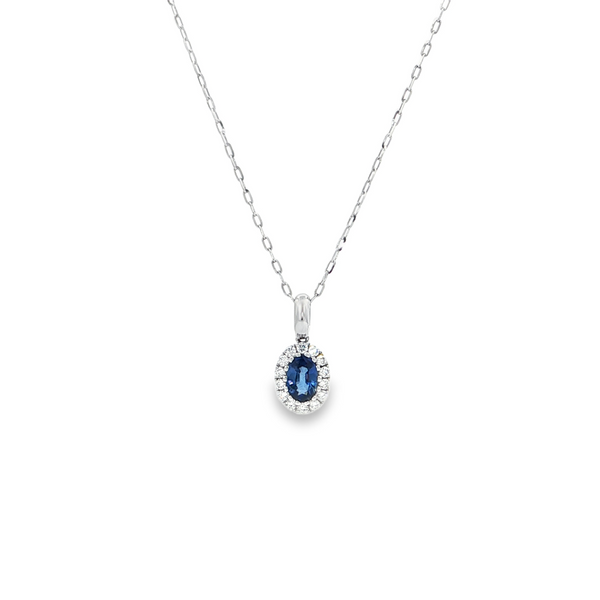 14k White Gold Oval Blue Sapphire and Diamond Halo Necklace
