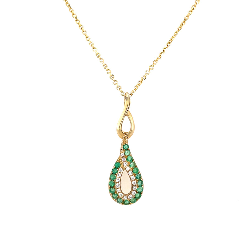 14K Yellow Gold Emerald and Diamond Swirl Teardrop Necklace