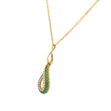 14K Yellow Gold Emerald and Diamond Swirl Teardrop Necklace