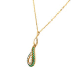 14K Yellow Gold Emerald and Diamond Swirl Teardrop Necklace