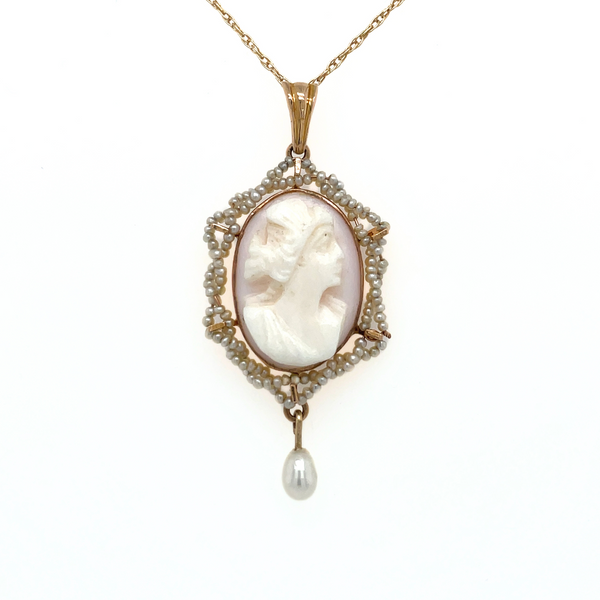 Estate 10k/14k Yellow Gold Angel Skin Cameo with Seed Pearl Halo