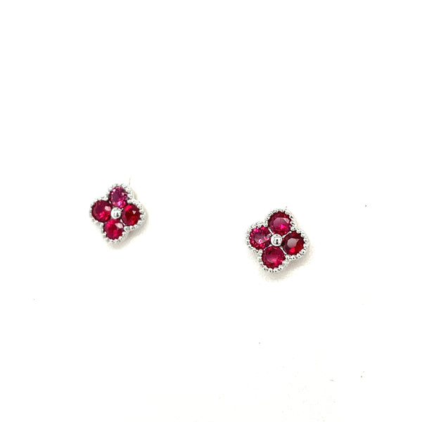 14K White Gold Ruby Clover Stud Earrings
