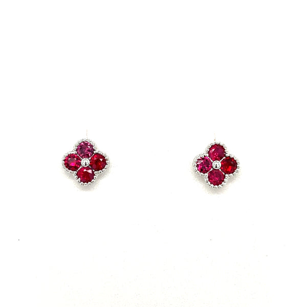 14K White Gold Ruby Clover Stud Earrings