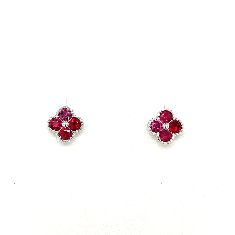 14K White Gold Ruby Clover Stud Earrings