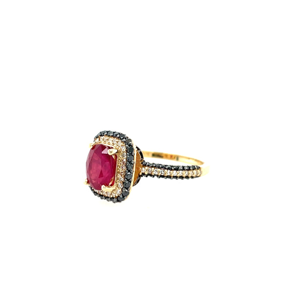 14K Yellow Gold Ruby Ring with Black and White Diamond Double Halo