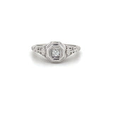 ESTATE 18K WHITE GOLD FILIGREE RING WITH SCROLL WORK AND .07TCW CENTER DIAMOND