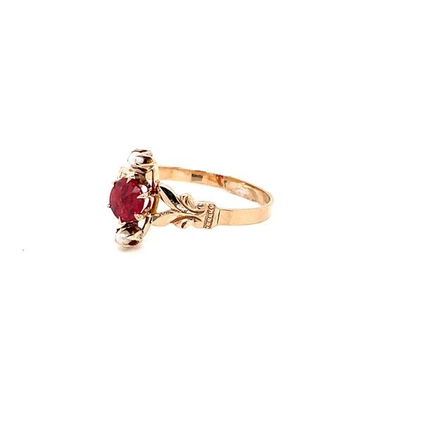 Estate 10k Yellow Gold Victorian Ring with Red Garnet and Glass Doublet Center and Seed Pearl Accents