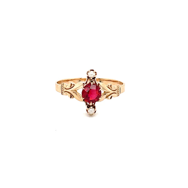 Estate 10k Yellow Gold Victorian Ring with Red Garnet and Glass Doublet Center and Seed Pearl Accents