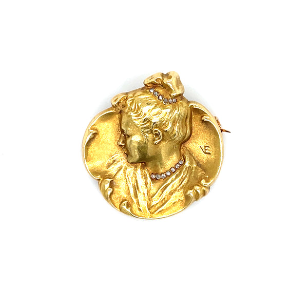 ESTATE 18K YELLOW GOLD ART NOUVEAU BROOCH BY EMILE VERNIER With DIAMOND ACCENTS