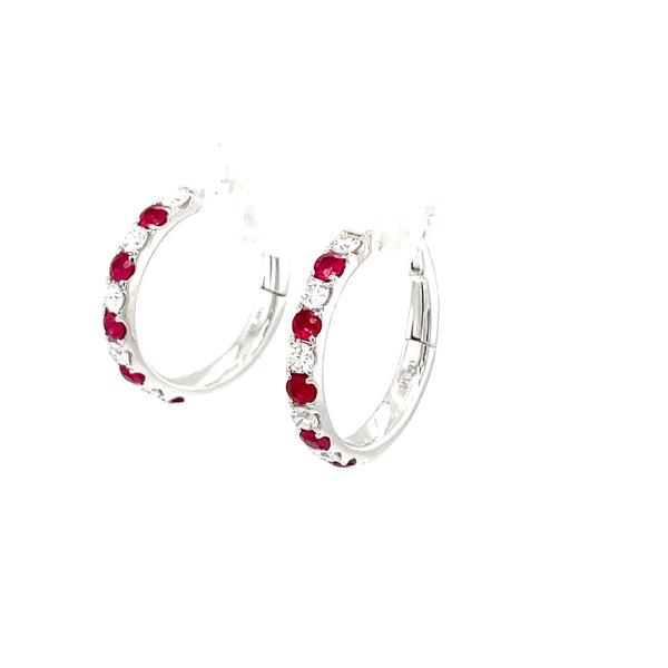 14K White Gold Ruby and Diamond Alternating Hoop Earrings