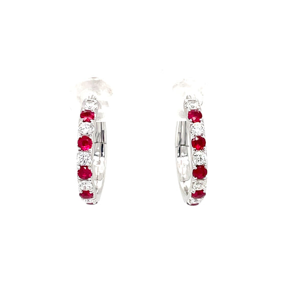 14K White Gold Ruby and Diamond Alternating Hoop Earrings