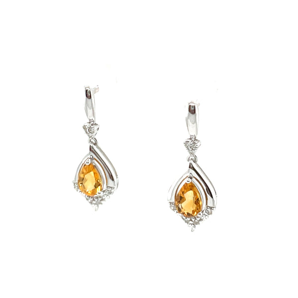 14k White Gold Pear Citrine Dangle Earrings with Diamond Accents