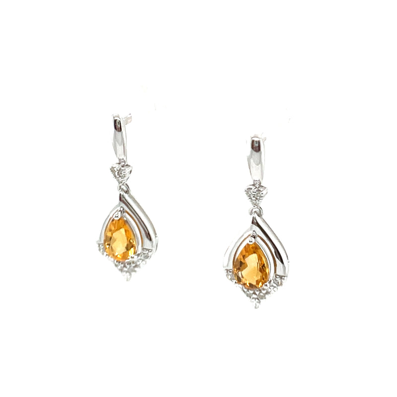 14k White Gold Pear Citrine Dangle Earrings with Diamond Accents
