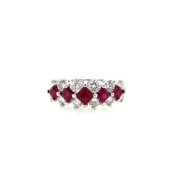 14K White Gold Three-Row Ruby and Diamond Ring