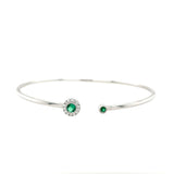 14K White Gold Emerald and Diamond Milgrain Flexible Open Bangle Bracelet