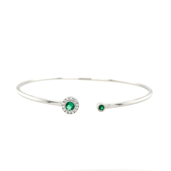 14K White Gold Emerald and Diamond Milgrain Flexible Open Bangle Bracelet