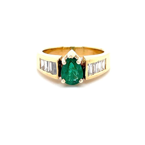 ESTATE 18KY Gold Pear Shaped Emerald Ring with Channel Set Baguette Diamonds