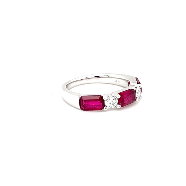 14K White Gold Emerald Cut Ruby and Diamond Alternating Ring