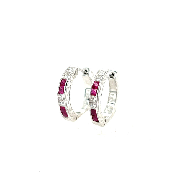 18K White Gold Ruby and Diamond Channel Set Hoop Earrings