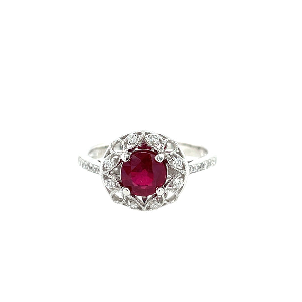 14K White Gold Filigree Halo Ruby and Diamond Ring