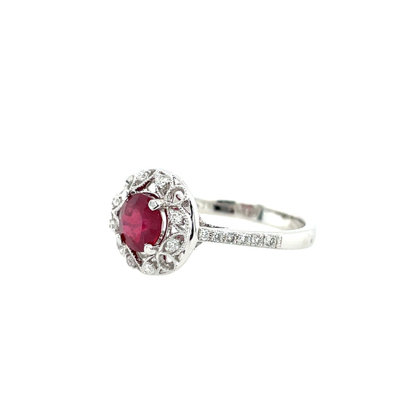 14K White Gold Filigree Halo Ruby and Diamond Ring