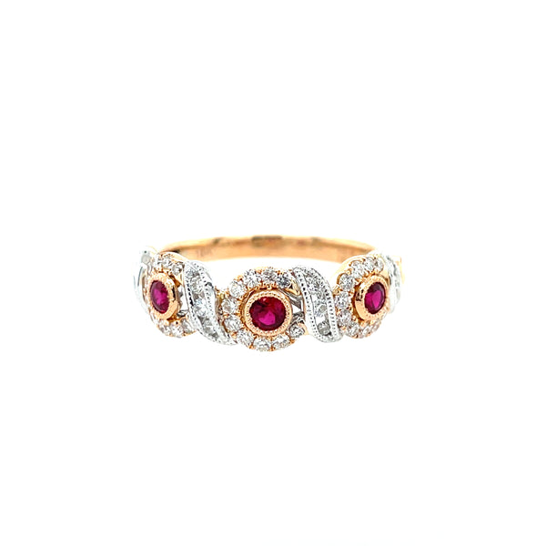 18K White and Rose Gold Ruby and Diamond Floral Band Ring