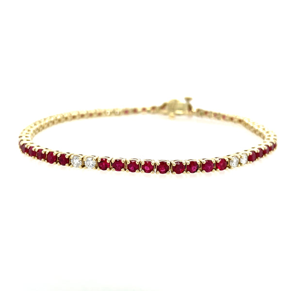 14K Yellow Gold Ruby and Diamond In-Line Bracelet – 7 Inch