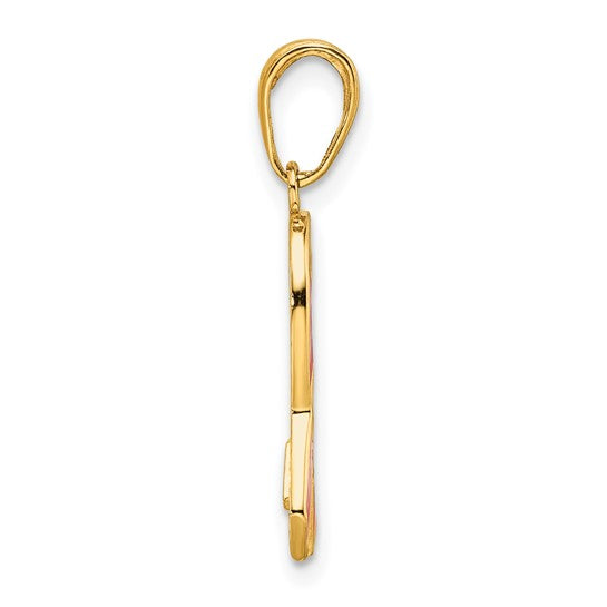 14KY Gold Breast Cancer Ribbon Pendant with Pink Enameling