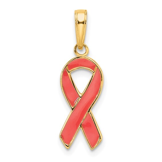 14KY Gold Breast Cancer Ribbon Pendnat w/ Pink Enameling