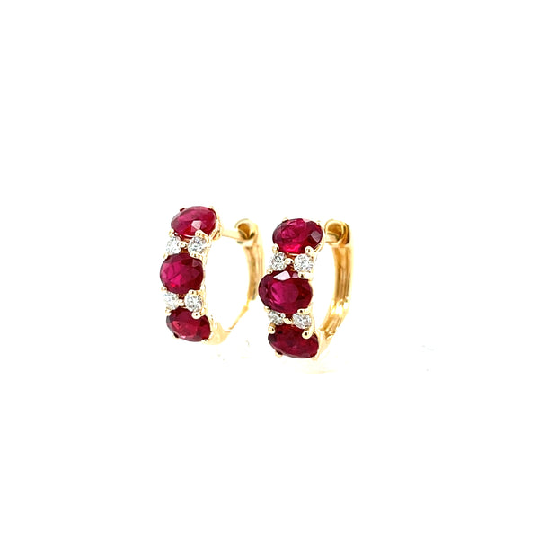 14K Yellow Gold Oval Ruby and Diamond Huggie Hoop Earrings
