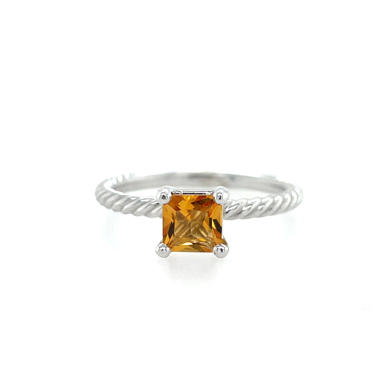 10k White Gold Square Citrine Solitaire Ring with Twisted Wire Shank