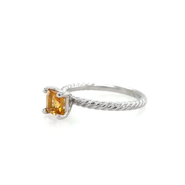 10k White Gold Square Citrine Solitaire Ring with Twisted Wire Shank