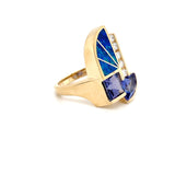 Estate 14K Yellow Gold Geometric Tanzanite, Diamond & Inlay Opal Ring