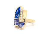 Estate 14K Yellow Gold Geometric Tanzanite, Diamond & Inlay Opal Ring