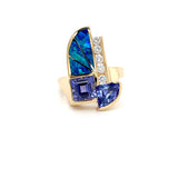 Estate 14K Yellow Gold Geometric Tanzanite, Diamond & Inlay Opal Ring